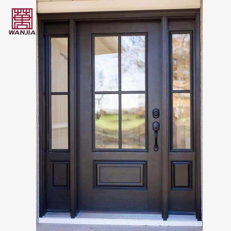 WANJIA Customized Sidelites Glass Solid Wood Doors Entry Exterior Latest Main Gate Wood Door