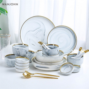 Hot Sale Custom Nordic Pink Gray White Tableware Ceramic Dinner Tableware Set Restaurant Home Porcelain Marble Dinner Set