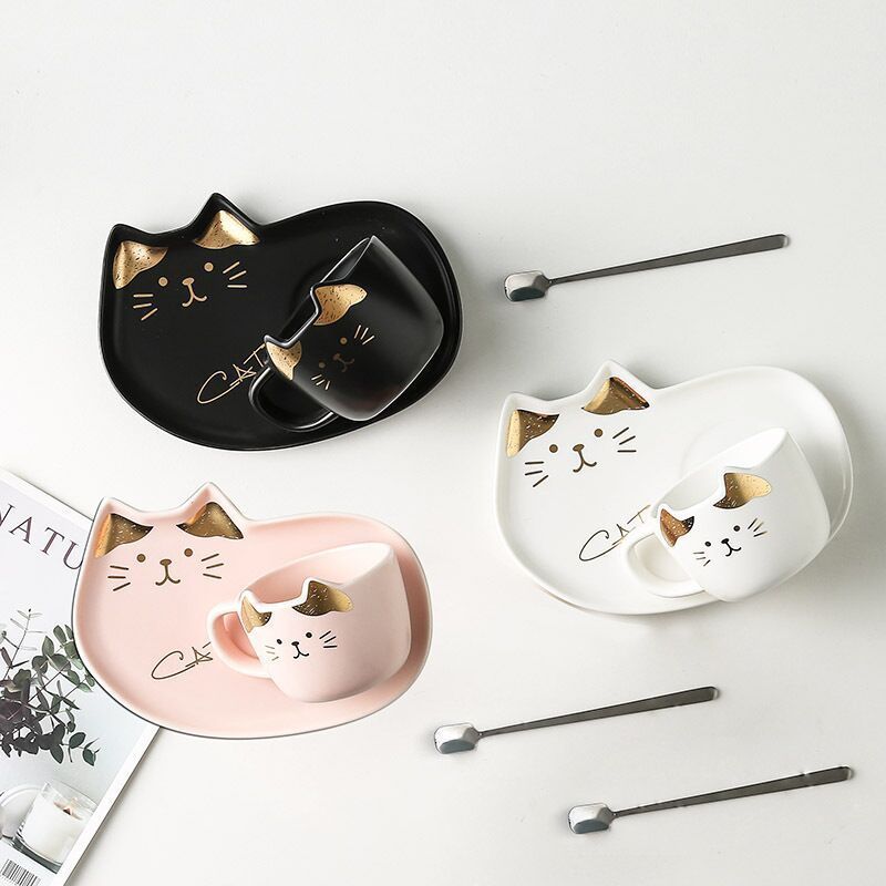 Best Sell Cartoon Cat Ear Coffee Cup with Saucer Cute ceramic cat mug with Handgrip Animal Milk Ceramic Coffee Cup with Saucer