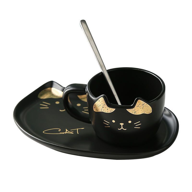 Best Sell Cartoon Cat Ear Coffee Cup with Saucer Cute ceramic cat mug with Handgrip Animal Milk Ceramic Coffee Cup with Saucer