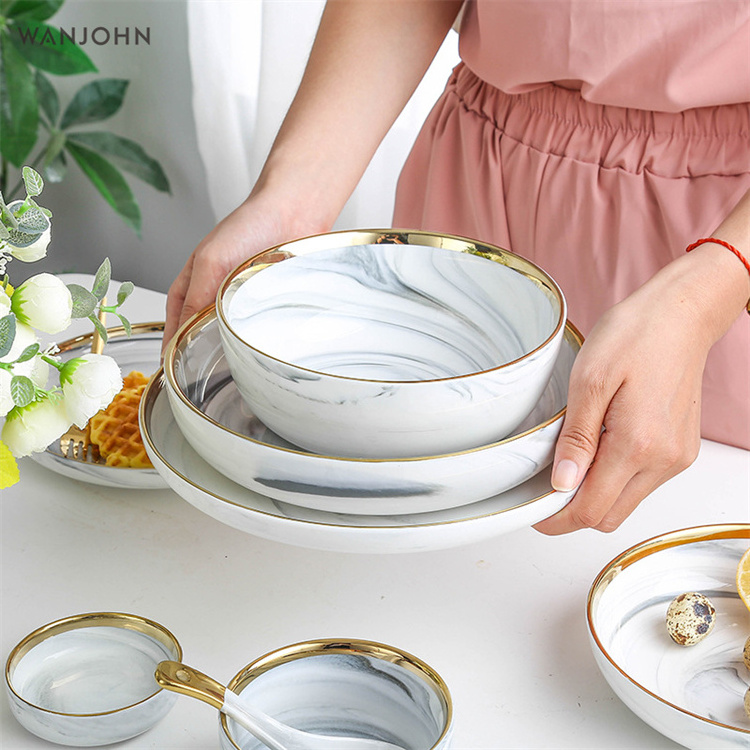 Hot Sale Custom Nordic Pink Gray White Tableware Ceramic Dinner Tableware Set Restaurant Home Porcelain Marble Dinner Set