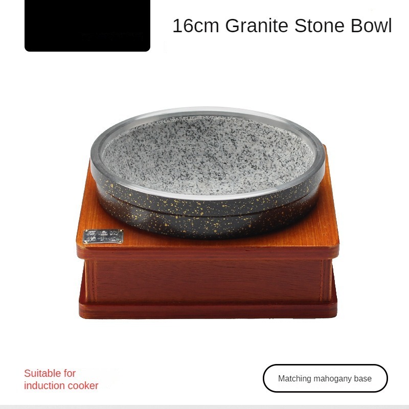 WANJOHN Factory Granite Stone Bowl Aluminum Clad Stone Bowl Pot Korean Bibimbap Stone Bowl with Wooden Base for Restaurant