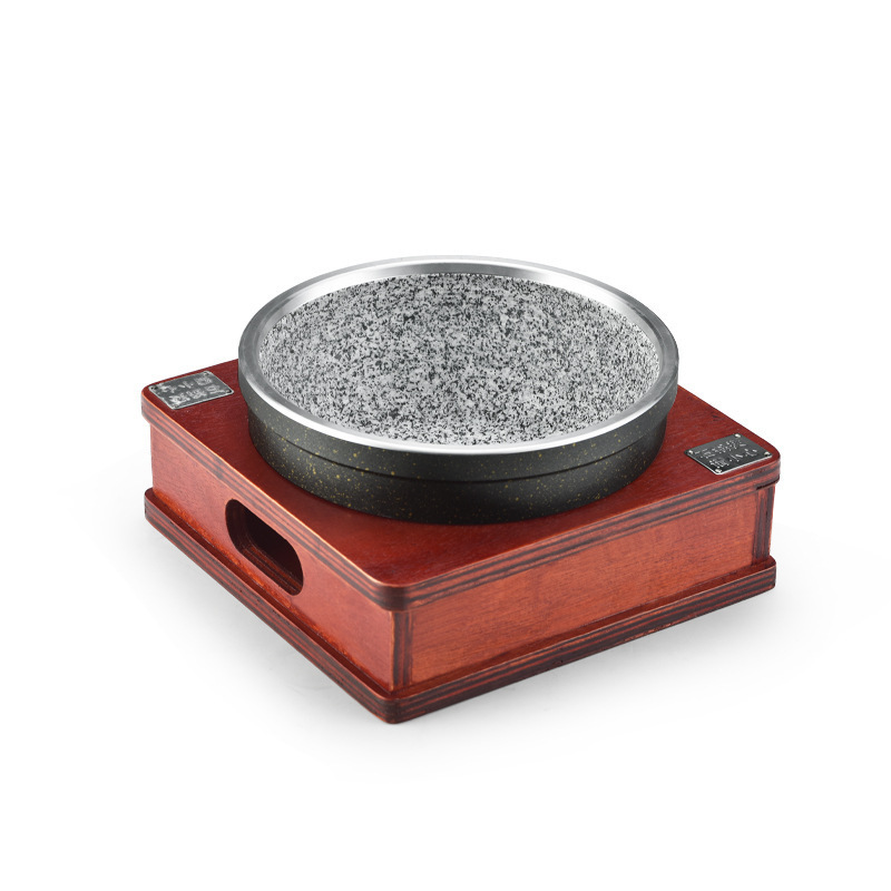 WANJOHN Factory Granite Stone Bowl Aluminum Clad Stone Bowl Pot Korean Bibimbap Stone Bowl with Wooden Base for Restaurant