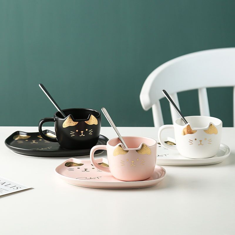 Best Sell Cartoon Cat Ear Coffee Cup with Saucer Cute ceramic cat mug with Handgrip Animal Milk Ceramic Coffee Cup with Saucer