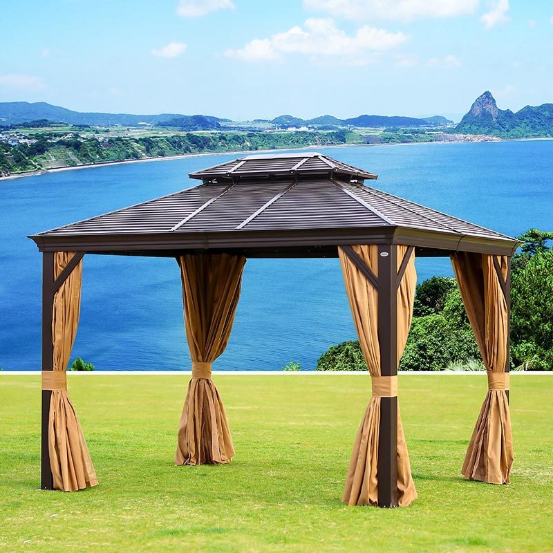 Outdoor double roof hardtop patio gazebo outdoor aluminum with mosquito netting curtain replacement