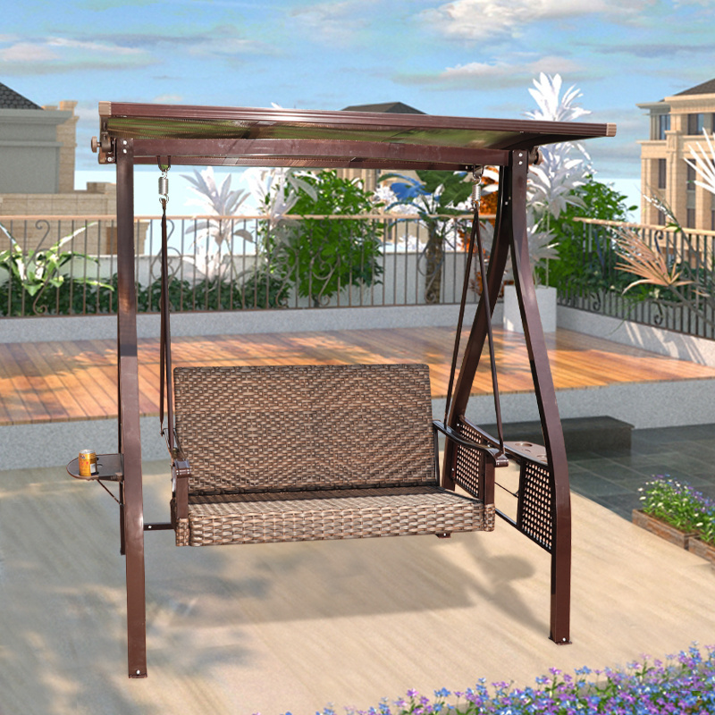 Outdoor Adjustable Patio Canopy Swings Bench 3 Seat Garden Swing with Sun Shade Roof and Tea Table