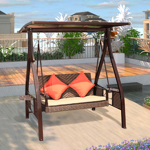 Outdoor Adjustable Patio Canopy Swings Bench 3 Seat Garden Swing with Sun Shade Roof and Tea Table