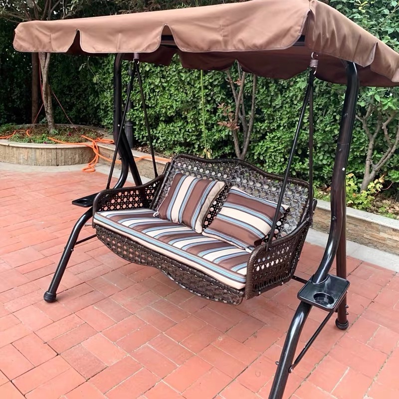 Loveseat Patio swing Chair Handwoven Wicker Porch swings with Adjustable Canopy and Cushions Pillow Included