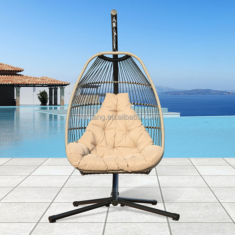 C Type Bracket Outdoor Hanging Hammock Rattan Foldable Egg Swing Chairs with Removable Cushion and Pillow