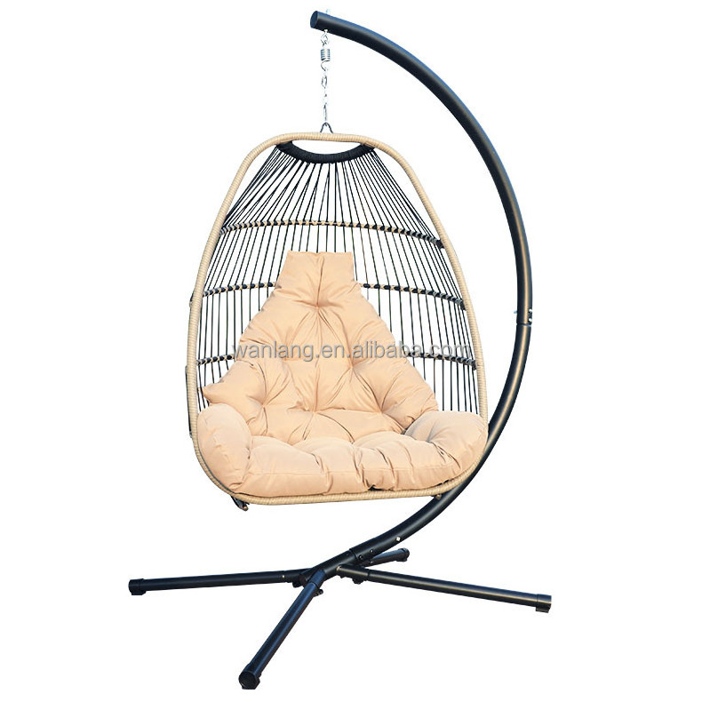 C Type Bracket Outdoor Hanging Hammock Rattan Foldable Egg Swing Chairs with Removable Cushion and Pillow