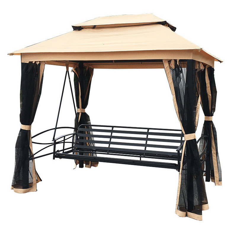 3 Seats Outdoor Patio Swing Steel Frame Double Roof Gazebo Garden Daybed Swings with Curtains