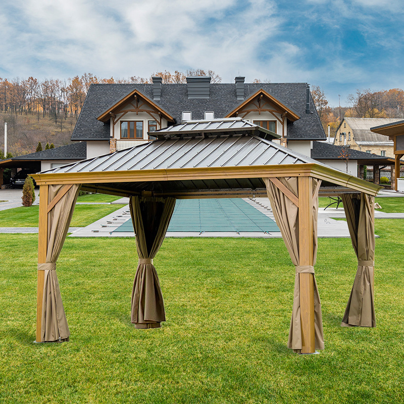 Galvanized Steel Double Roof Outdoor Wood Grain Gazebo Pergola Outdoor Canopy Gazebo