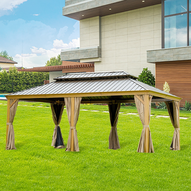 Galvanized Steel Double Roof Outdoor Wood Grain Gazebo Pergola Outdoor Canopy Gazebo