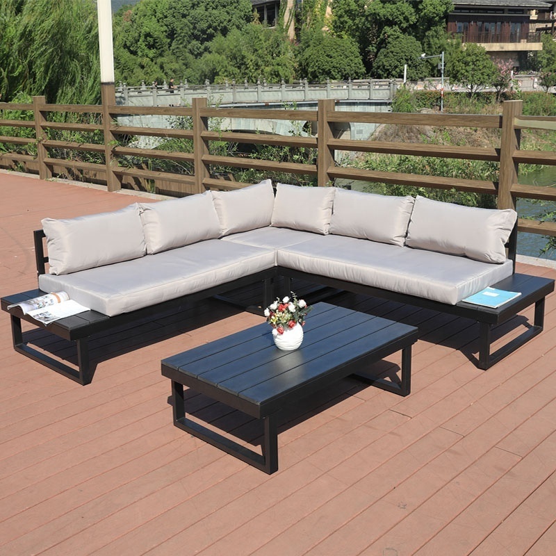 Outdoor Conversation Sofa set L shape Metal Corner sectional sofa couch with cushions and Tea Table