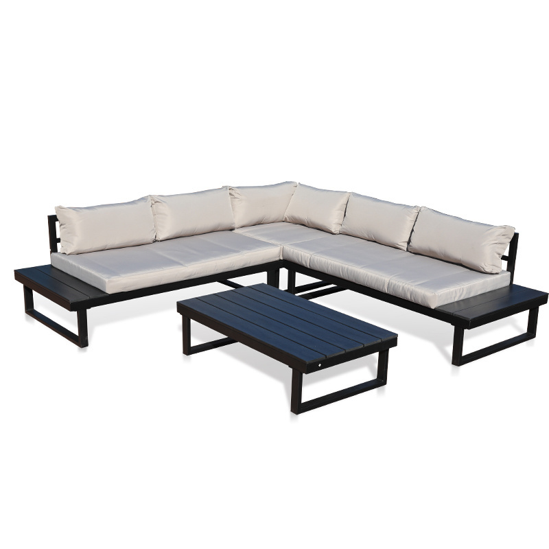 Outdoor Conversation Sofa set L shape Metal Corner sectional sofa couch with cushions and Tea Table