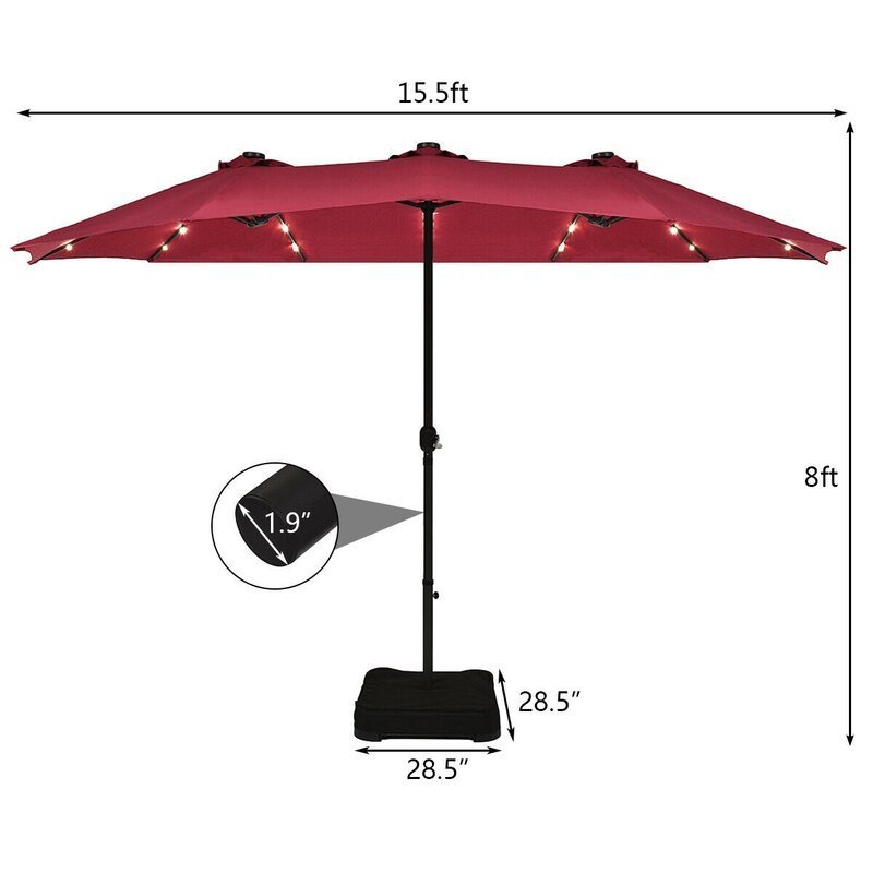 Factory Product Solar Power 15 FT Patio Umbrella Double Side Large Outdoor Umbrellas Deluxe Parasol with Hand Rocker