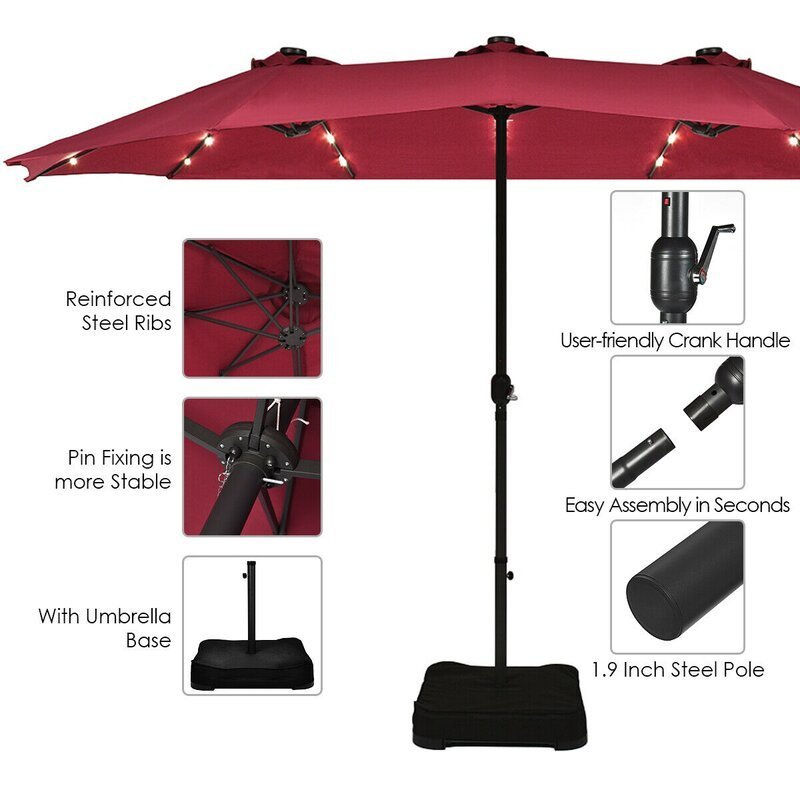 Factory Product Solar Power 15 FT Patio Umbrella Double Side Large Outdoor Umbrellas Deluxe Parasol with Hand Rocker