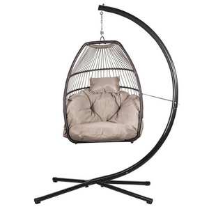 Bracket Outdoor Hanging Hammock Rattan Foldable Egg Swing Chairs with Removable Cushion and Pillow