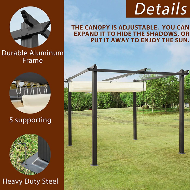 10' x 12' Outdoor Aluminum Frame Gazebo Retractable Pergola Shelter for Garden