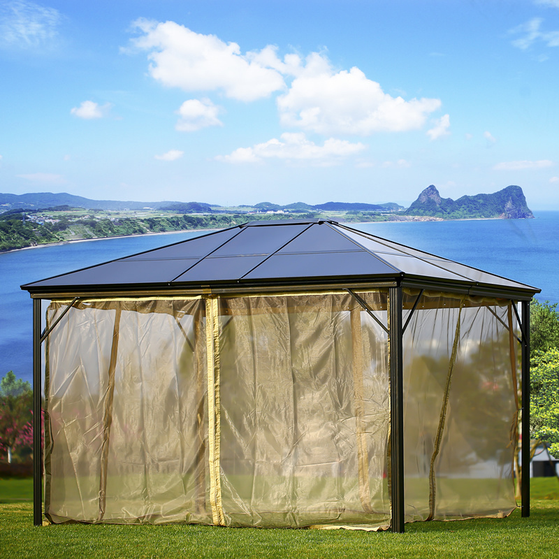 Outdoor 10' x 10' Aluminum Framed Gazebo with Hardtop with Mosquito Netting and Sidewall