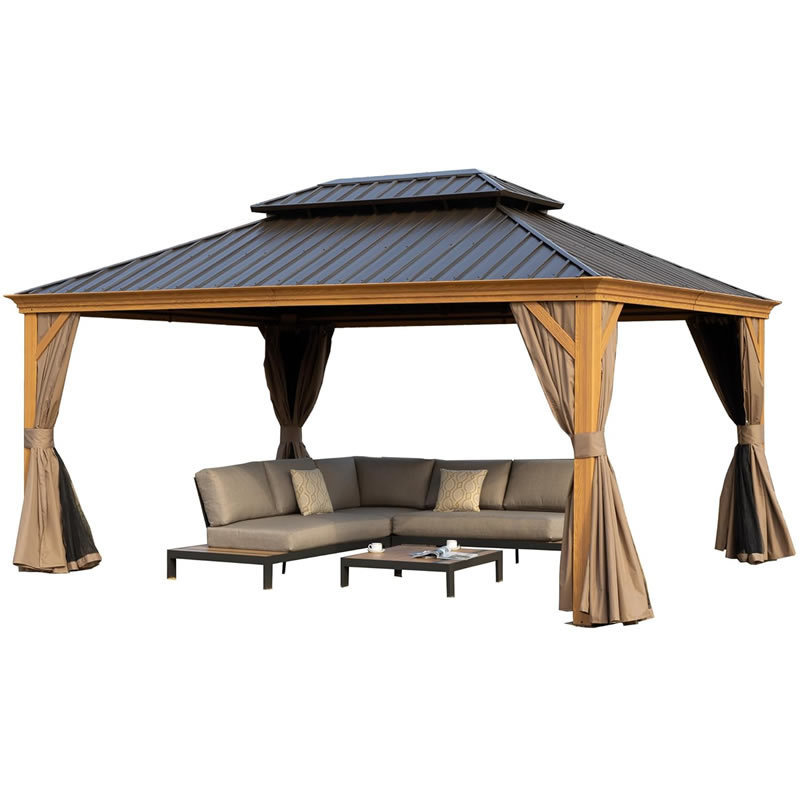 Hardtop Gazebo Wooden Coated Aluminum Frame Gazebos Outdoor with Galvanized Steel Double Roof