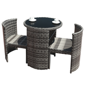 Outdoor PE rattan woven garden table and 2 chairs compact rattan balcony furniture set with storage shelf