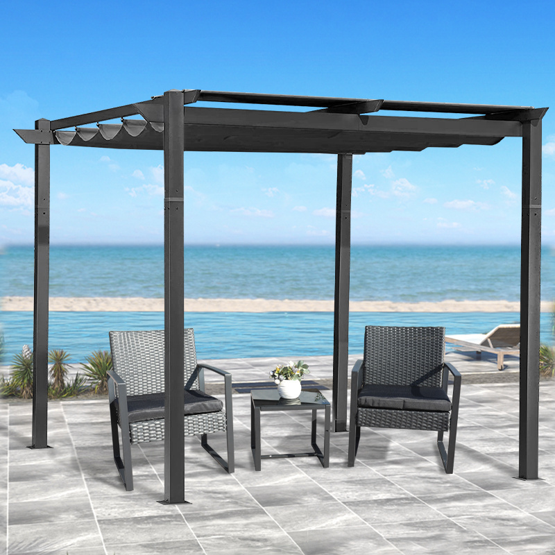 Aluminum Frame Patio Pavilion Grill Gazebo Outdoor Pergola with Retractable Sun Shade Canopy