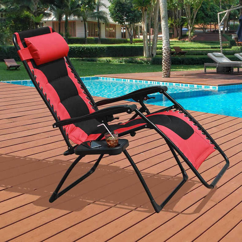 Oversized Padded Zero Gravity Reclining Chair Adjustable Patio Lounge Chair with Cup Holder for Outdoor Beach Porch