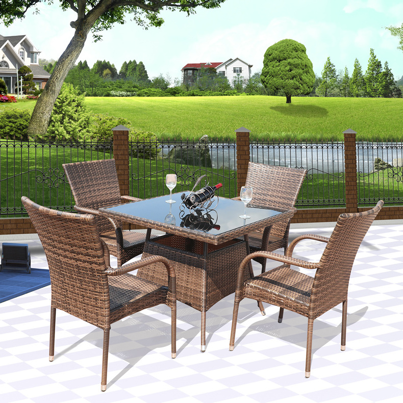 Patio Wood Dining Table and Chair Set for 4 people Handmade Cane Wicker Furniture 6 Seats Dining Set with Hole for Umbrella