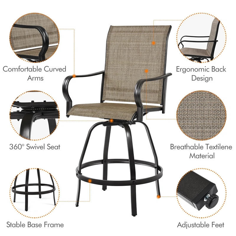 All-Weather Patio Swivel Bar Stools Set of 2 Outdoor Bar Height Patio Stools Bar Chairs with High Back and Armrest