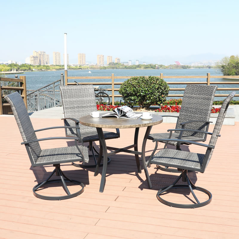 Hot Sale All Weather 5-piece Outdoor Dining Set with Swivel Chairs and Wood Pattern Table for Patio Garden Backyard Restaurant