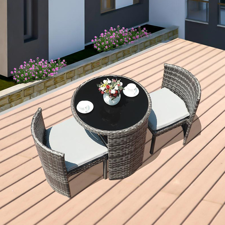 Outdoor PE rattan woven garden table and 2 chairs compact rattan balcony furniture set with storage shelf