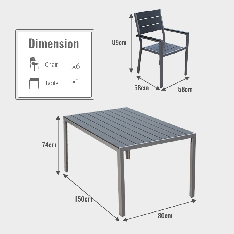 Modern Restaurant Dinning Room 6 Seat Plastic Wood Table and Chair Outdoor Garden Furniture Set Patio Bistro Set