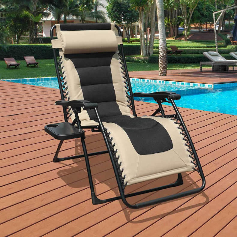 Oversized Padded Zero Gravity Reclining Chair Adjustable Patio Lounge Chair with Cup Holder for Outdoor Beach Porch