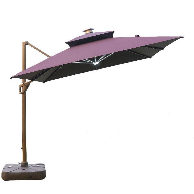 Luxury Square Garden Solar Powered LED Light Cantilever Umbrella With Base