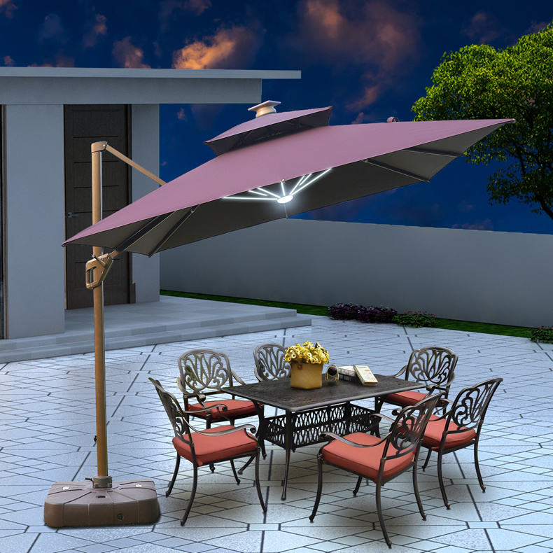 Luxury Square Garden Solar Powered LED Light Cantilever Umbrella With Base