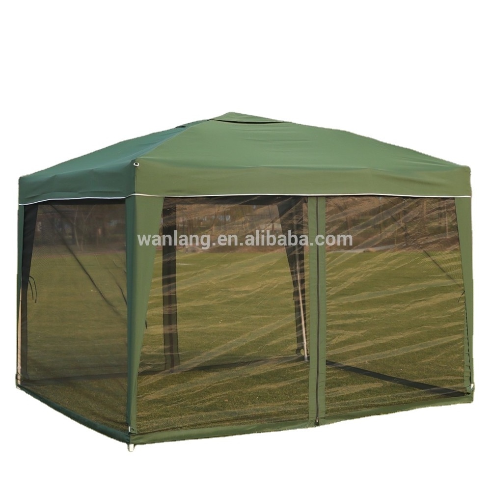 Small wind resistant garden gazebo with mosquito netting