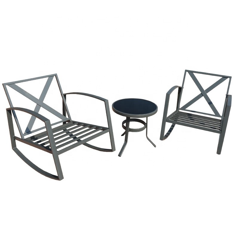 Outdoor Furniture Small Space 3 Piece Rocking Bistro Set with 2 Rocker Chairs and 1Glass Coffee Table Set