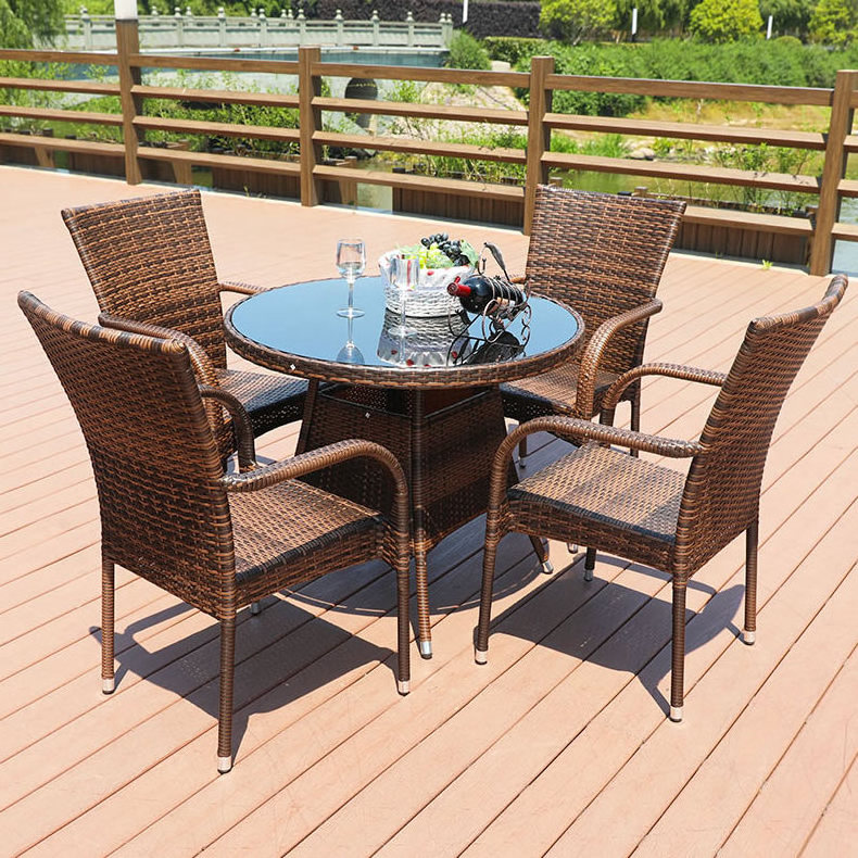 Patio Wood Dining Table and Chair Set for 4 people Handmade Cane Wicker Furniture 6 Seats Dining Set with Hole for Umbrella