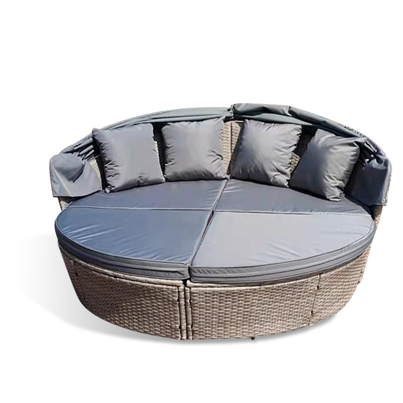 Outdoor Wicker Lounge Chair Rattan Garden Daybed Round Patio Sunbed Garden Furniture Set Sectional Cushioned Sofa