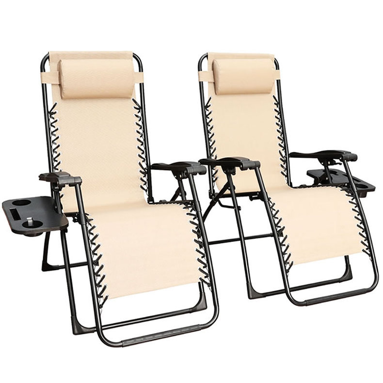 Outdoor Portable Camp Reclining Lounge Chair Patio Zero Gravity Lawn Chair Set of 2 with Headrest and Cup Holder