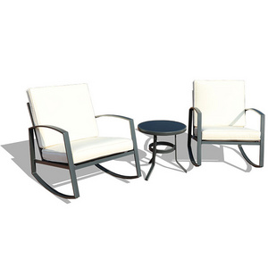 Outdoor Furniture Small Space 3 Piece Rocking Bistro Set with 2 Rocker Chairs and 1Glass Coffee Table Set