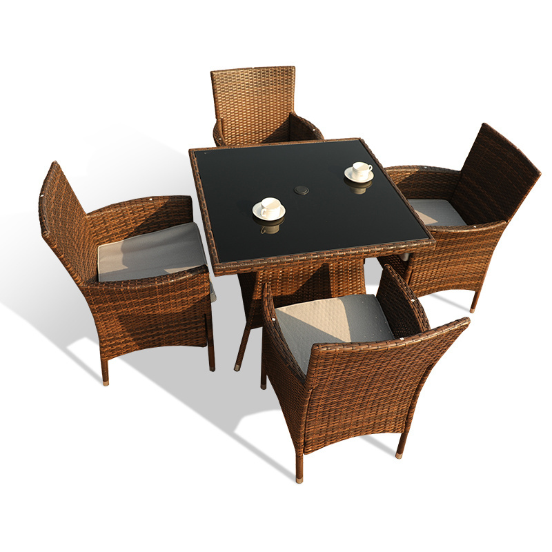 All Weather Outdoor Furniture Set 5 Pieces Wicker Patio Dining Set with Cushioned Rattan Sofa Chairs and Tempered Glass Table