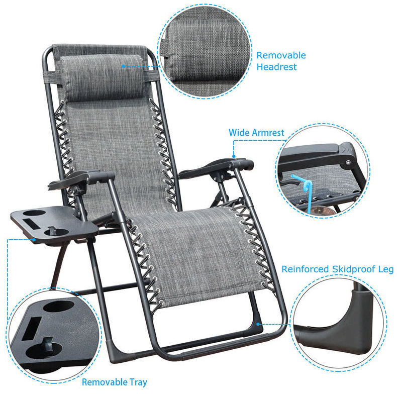 Outdoor Portable Camp Reclining Lounge Chair Patio Zero Gravity Lawn Chair Set of 2 with Headrest and Cup Holder