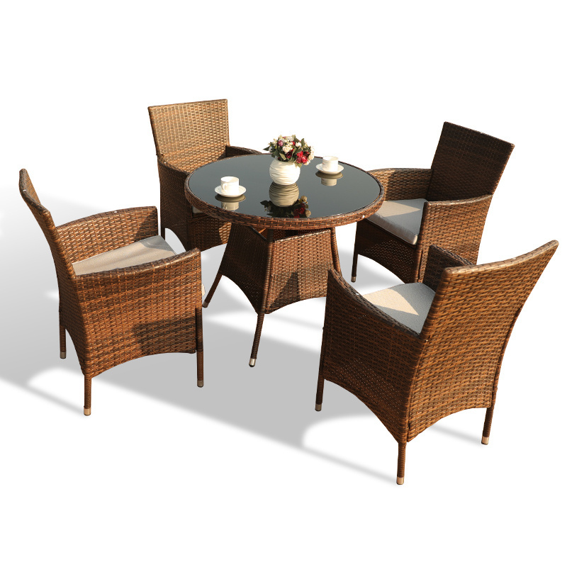 All Weather Outdoor Furniture Set 5 Pieces Wicker Patio Dining Set with Cushioned Rattan Sofa Chairs and Tempered Glass Table