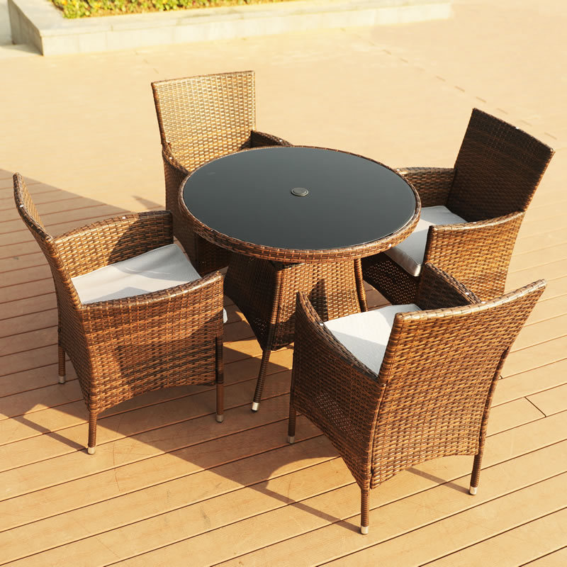 All Weather Outdoor Furniture Set 5 Pieces Wicker Patio Dining Set with Cushioned Rattan Sofa Chairs and Tempered Glass Table