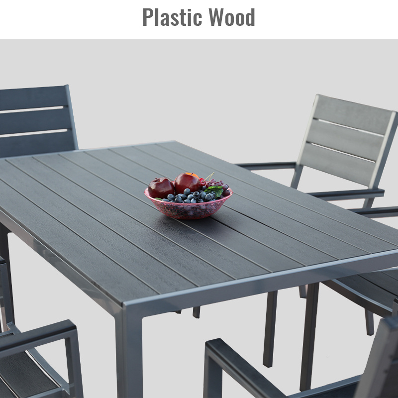 Modern Restaurant Dinning Room 6 Seat Plastic Wood Table and Chair Outdoor Garden Furniture Set Patio Bistro Set