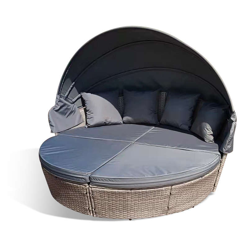 Outdoor Wicker Lounge Chair Rattan Garden Daybed Round Patio Sunbed Garden Furniture Set Sectional Cushioned Sofa