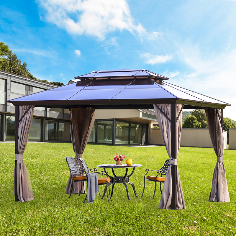 Sun Heavy Duty Double Roof Luxury Gazebo Hard Top Canopy Outdoor Garden Pergola Tent Private Space with Netting Curtain