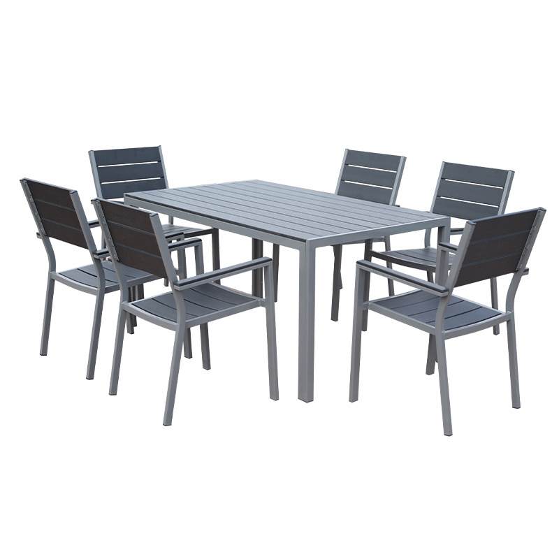 Modern Restaurant Dinning Room 6 Seat Plastic Wood Table and Chair Outdoor Garden Furniture Set Patio Bistro Set